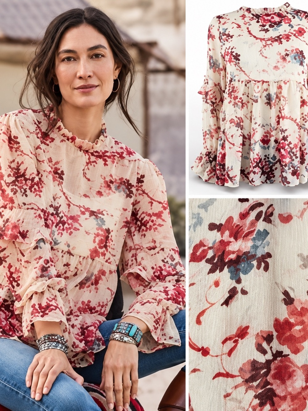 Sundance Womens L Floral Ruffle Tunic Blouse Ivory Pink Boho Peplum Romantic